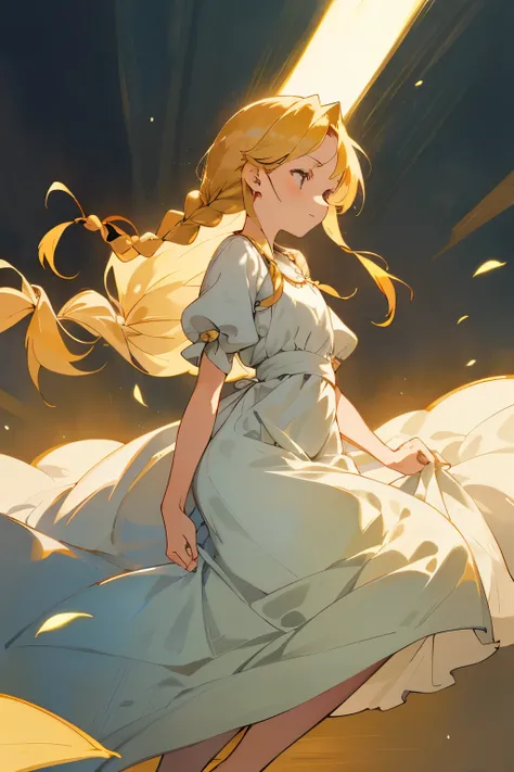 In a whimsical scene reminiscent of classic Studio Ghibli animation, a young girl with golden hair shines brightly against the simplicity of her surroundings. Her hair, tied back into a neat braid, cascades down her back, adding a touch of elegance to her ...