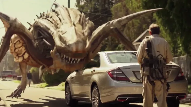 araffes in costume walking down a street next to a car, cgi special effects, incredible vfx, the creature sells a used car, the creature sits in a car, hyper realistic ”, hyper realistic”, from jurassic world (2015), epic vfx shot, ultra realistic ”, ultra...