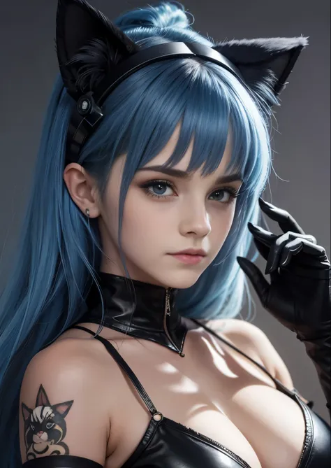 (Emma Watson), woman with blue hair and black ears and a cat ears, beautiful young catgirl, wearing cybernetic bunny ears, portrait of a goth catgirl, very beautiful cute catgirl, girl with cat ears, headshot of young female furry, attractive cat girl, 1 8...