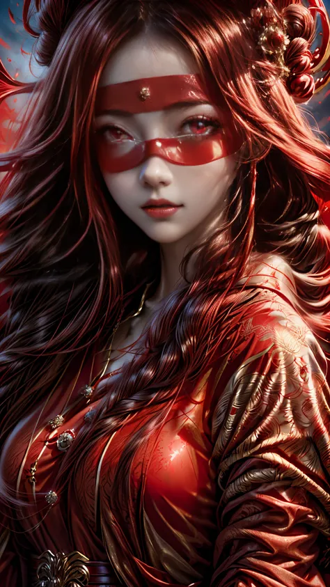 arafed woman with long hair wearing a red blindfold and red dress, red face, beautiful character painting, palace ， a girl in hanfu, bright red eyes, red glowing eyes, stunning anime face portrait, beautiful avatar pictures, glowing red eyes, dressed in a ...