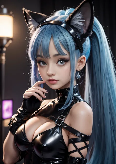 (Ariana Grande), woman with blue hair and black ears and a cat ears, beautiful young catgirl, wearing cybernetic bunny ears, portrait of a goth catgirl, very beautiful cute catgirl, girl with cat ears, headshot of young female furry, attractive cat girl, 1...