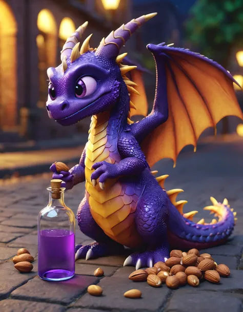 purple dragon sitting on the sidewalk holding a glass bottle of liquor at night, spyro the dragon, 2-wings, glass-liquor-bottle, bowl of berries and nuts, spyro, very cute purple dragon, trending on polycount, hyper real render, a baddass dragon, ultra rea...