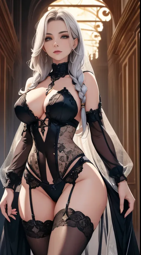 (absurd, high quality, super detailed, carefully hand-drawn) a woman, mature sexy charming, Indian sheer dress and lace lingerie, dynamic pose, (wide hips), (detailed), (detailed lips), (detailed eyes), (detailed face), (curves), depth of field, soft light...