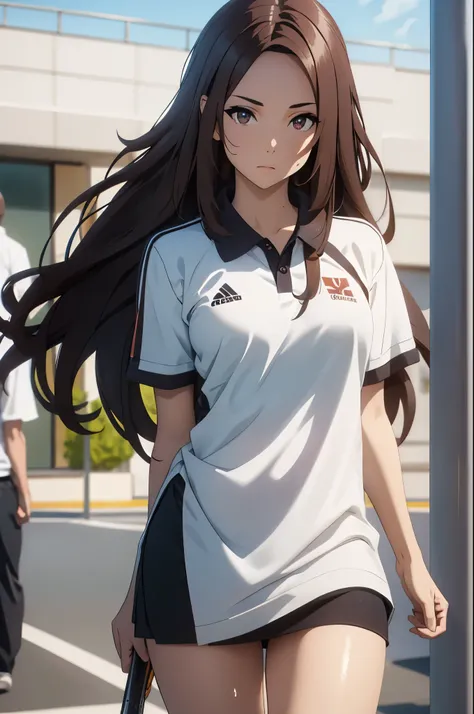 brown hair, brown eyes, long hair, looking at viewer, solo,forehead1girl, solo, white polo shirt, white sneakers, tennis wear, w...