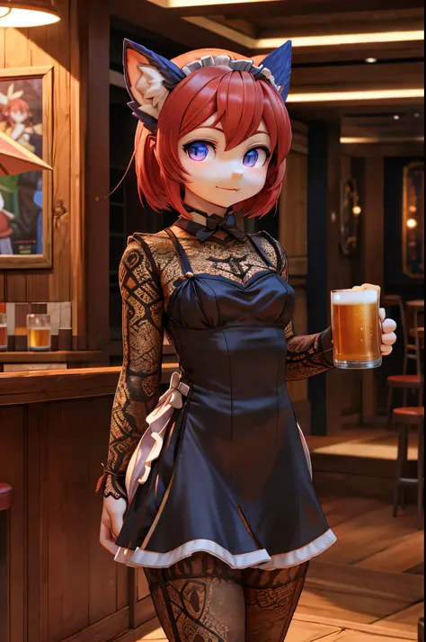 anime - style woman in a black dress segurando uma cerveja, with a dalsok, Annie do League of Legends, garota com tema de refrigerante, no pub, segurando cerveja, em um pub, anime girl in a maid costume, 3d rendering of a cute anime girl, em um bar, segura...