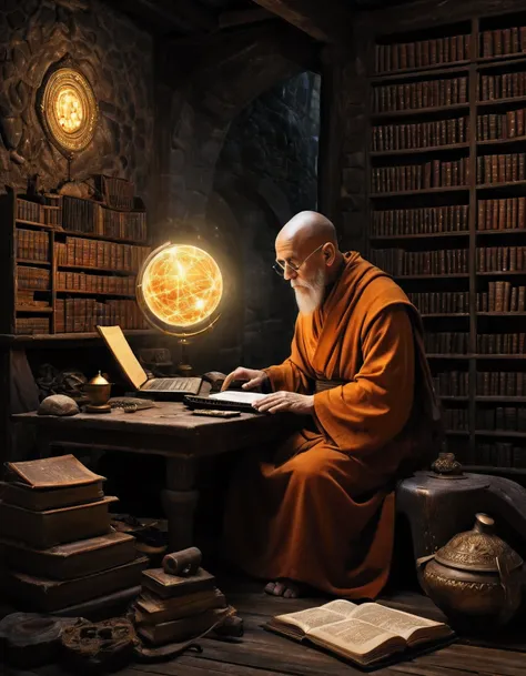 arafed monk sitting at a desk with a (computer and keyboard), a computer rendering by kurt roesch, shutterstock, holography, wiz...