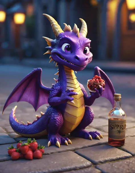 purple dragon sitting on the sidewalk holding a glass bottle of liquor at night, 2-wings, spyro the dragon, glass-liquor-bottle, bowl of berries and nuts, grinning, very cute purple dragon, trending on polycount, hyper real render, happy, ultra realistic 3...