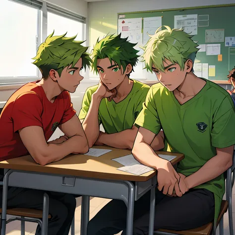 a group of 4 handsome young people of 14 years old in the school classroom are talking arguing worried talking about a dangerous...