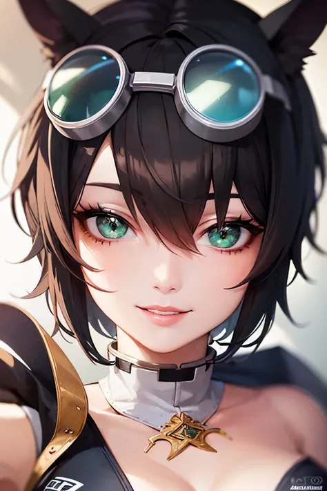 1girl, portrait of beautiful ctwmn, smile, black bodysuit, green eyes, short hair, athletic, cleavage, black headwear, fake animal ears, goggles on head, volumetric lighting, best quality, masterpiece, intricate details, tonemapping, sharp focus, hyper det...