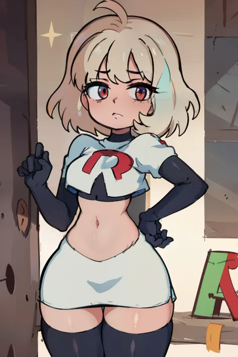 (masterpiece, best quality, high resolution:1.4), 1girl, jackie lynn thomas, blonde hair, short hair, looking at viewer, team rocket,team rocket uniform,white skirt,red letter R,crop top,black thigh-highs,black elbow gloves,
