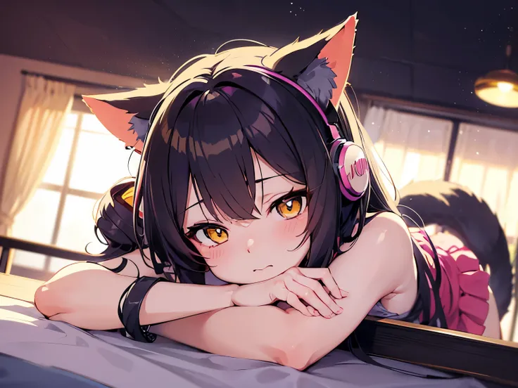 anime girl with headphones and cat sitting on desk in room, anime girl with cat ears, anime style 4 k, beautiful anime catgirl, cute anime catgirl, anime catgirl, anime cat, very beautiful anime cat girl, anime style. 8k, nightcore, (anime girl), anime vib...