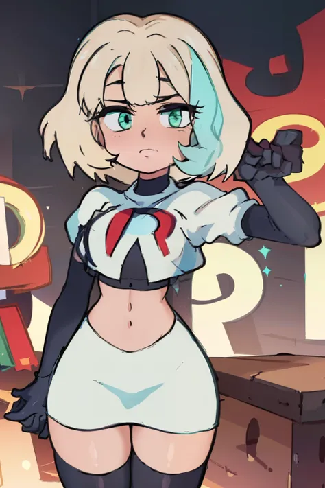 (masterpiece, best quality, high resolution:1.4), 1girl, jackie lynn thomas,aqua eyes, blonde hair, short hair, looking at viewer, team rocket,team rocket uniform,white skirt,red letter R,crop top,black thigh-highs,black elbow gloves,