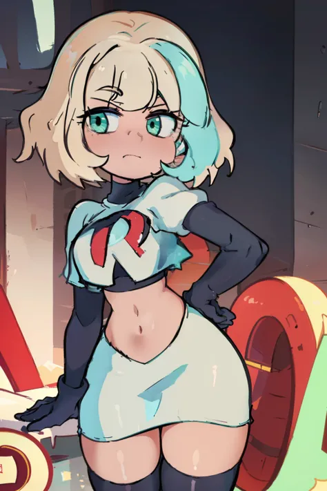 (masterpiece, best quality, high resolution:1.4), 1girl, jackie lynn thomas,aqua eyes, blonde hair, short hair, looking at viewer, team rocket,team rocket uniform,white skirt,red letter R,crop top,black thigh-highs,black elbow gloves,