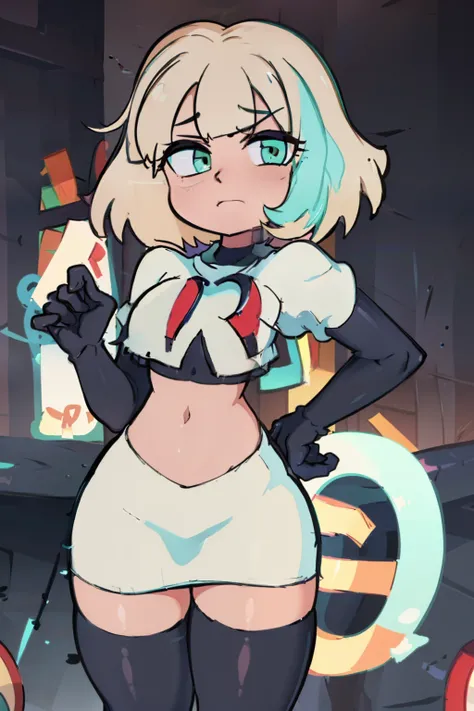 (masterpiece, best quality, high resolution:1.4), 1girl, jackie lynn thomas,aqua eyes, blonde hair, short hair, looking at viewer, team rocket,team rocket uniform,white skirt,red letter R,crop top,black thigh-highs,black elbow gloves,