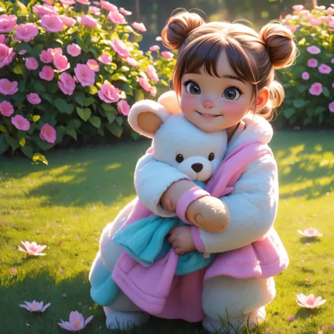 (best quality,4k,8k,highres,masterpiece:1.2),ultra-detailed,(realistic,photorealistic,photo-realistic:1.37),Illustration,Octane Render,morning park,a  walking with a teddy bear, the girl has a bun hairstyle and a smiling face, vibrant colors, soft sunlight...