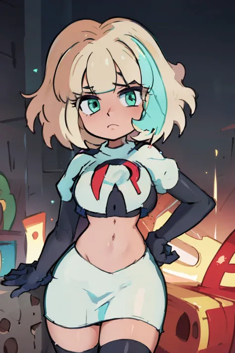 (masterpiece, best quality, high resolution:1.4), 1girl, jackie lynn thomas,aqua eyes, blonde hair, short hair, looking at viewer, team rocket,team rocket uniform,white skirt,red letter R,crop top,black thigh-highs,black elbow gloves,
