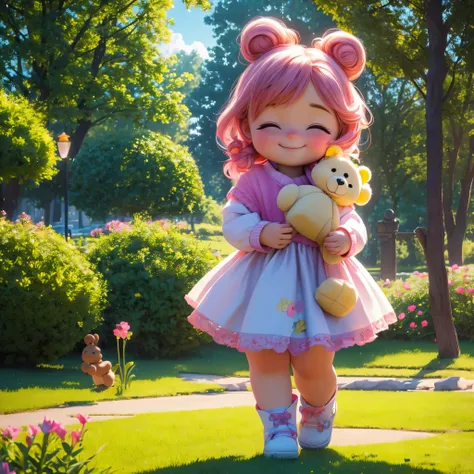 (best quality,4k,8k,highres,masterpiece:1.2),ultra-detailed,(realistic,photorealistic,photo-realistic:1.37),Illustration,Octane Render,morning park,a  walking with a teddy bear, the girl has a bun hairstyle and a smiling face, vibrant colors, soft sunlight...