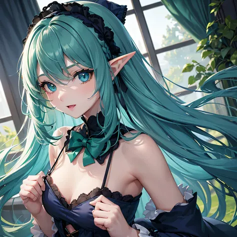 1 girl,Depps Sense,confused,catch light,Super beautiful illustration,(Emerald Blue,long hairstyles:1.3),turn around,eye shadow,(Yellow-green clothes,Gothic Lolita),Upper body,;d,beautiful and delicate flowing hair,(delicate and detailed deep cobalt blue ey...