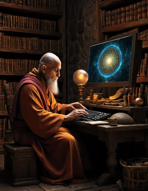 arafed monk sitting at a desk with a (computer monitor and keyboard), a computer rendering by kurt roesch, shutterstock, hologra...