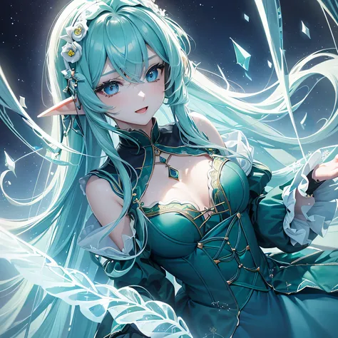 1 girl,Depps Sense,confused,catch light,Super beautiful illustration,(Emerald Blue,long hairstyles:1.3),turn around,eye shadow,(Yellow-green clothes,Gothic Lolita),Upper body,;d,beautiful and delicate flowing hair,(delicate and detailed deep cobalt blue ey...