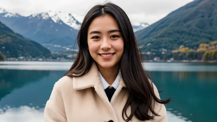 Instagram pictures, French Girl, Shoulder length hair, black hair, Close-up photo, coat, The background is Fuji., Lake Kawaguchi, smile a little,