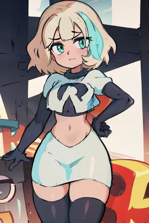 (masterpiece, best quality, high resolution:1.4), 1girl, jackie lynn thomas,aqua eyes, blonde hair, short hair, looking at viewer, team rocket,team rocket uniform,white skirt,red letter R,crop top,black thigh-highs,black elbow gloves,