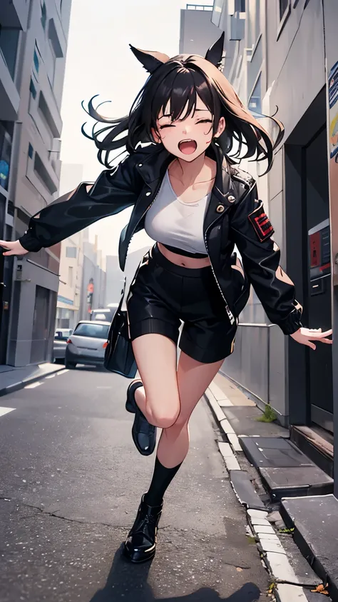 Good-looking girl Baring her belly button Thin legs Wearing black crew socks Wearing boots Wearing a jacket Being attacked and thrown to the ground Screaming with her eyes closed Full body picture