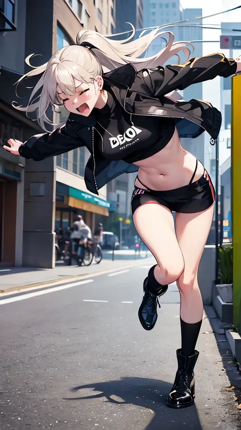 Good-looking girl Baring her belly button Thin legs Wearing black crew socks Wearing boots Wearing a jacket Being attacked and thrown to the ground Screaming with her eyes closed Full body picture