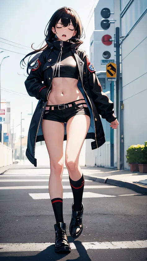 Cool girl, belly button exposed, thin legs, wearing black crew socks, boots, wearing a jacket, attacked from behind and pushed away, screaming with eyes closed, full body picture