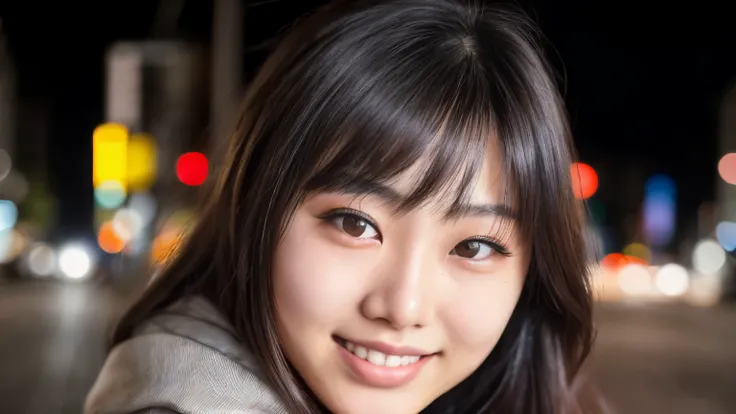 (close up, Editorial photo of a 21 year old Japanese girl.), (Highly detailed face:1.4) (smile:0.7) (city street background at night:1.3) throw, By Lee Jeffries, Nikon D850, film stock photos ,4 porta 400 tail ,camera f1.6 lenses ,Various colors ,too reali...