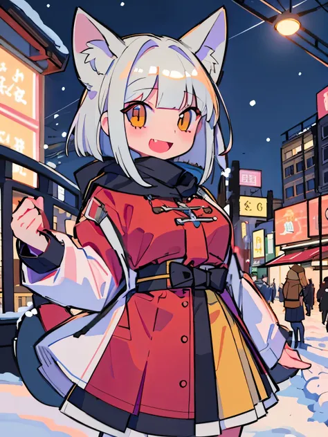 (masterpiece, best quality, highres:1.2), 4girls, large breasts, teenage, father and daughter, winter, snow, ferris wheel, portrait, bob cut, white hair, bangs, hair over eyes, orange eyes, half-closed eyes, ambling, ninja, katana, kunai, mask, skirt up, f...