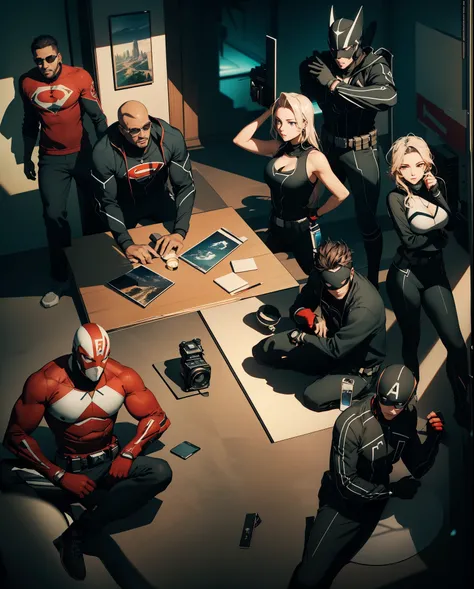 Capture the breathtaking moment as a league of superheros meet to discuss important business. This RAW masterpiece showcases an ultra-high resolution, photorealistic full-body portrait, illuminated by the warm glow of sunlight. The scene is rendered in the...