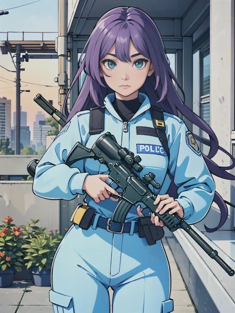 (((pixel-perfect, detail-perfect))), 1girl, solo focus, canadian police officer, swat uniform, swat gear, pants, (purple hair, l...