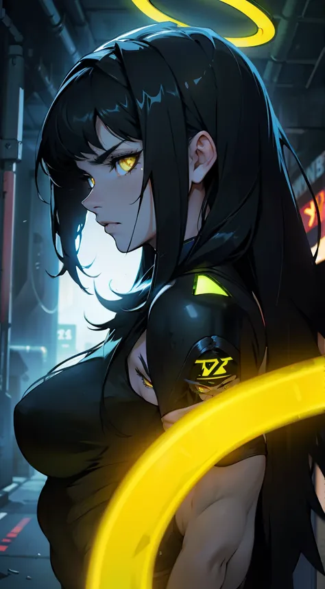 sad pale muscular girl massive breasts hair black hair yellow eyes extremely long hair sad neon dark atmosphere glow blurry glowing halo