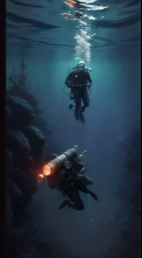 ((masterpiece)), ((highest quality)), 8K, high detail, super detailed, Depicts police or search and rescue personnel conducting underwater searches in nearby bodies of water, There is also a scene where you wear a diving suit and explore underwater.. promp...