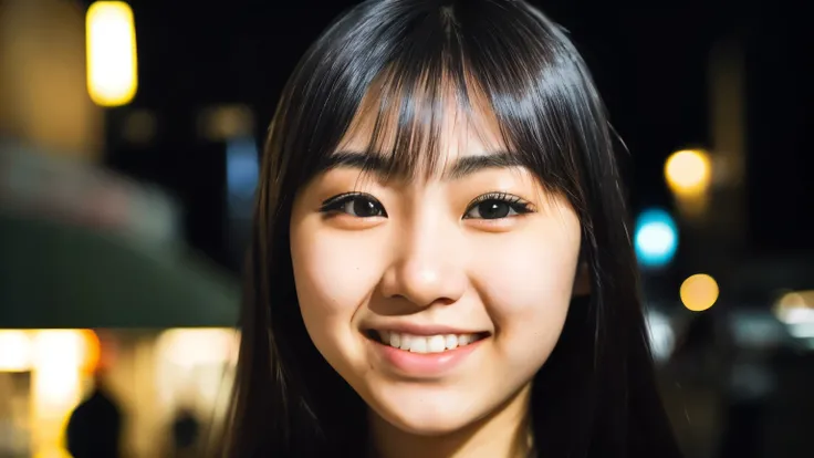 (close up, Editorial photo of a 21 year old Japanese girl.), (Highly detailed face:1.4) (smile:0.7) (city street background at night:1.3) throw, By Lee Jeffries, Nikon D850, film stock photos ,4 porta 400 tail ,camera f1.6 lenses ,Various colors ,too reali...