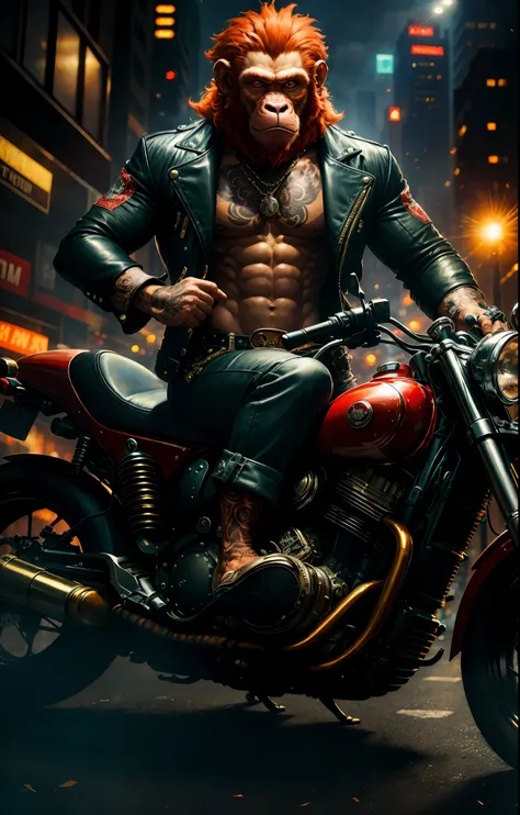 Masterpiece, (ultradetailed), (Animal anthropomorphism), gangster theme, monkey, jacket,red hair. riding a motorcycle in dim lighting, tattoos, machine gun, smoke, shadows, corrupt cityscape, highest quality, solo focus, (skimpy:1.04), muscular man, full b...