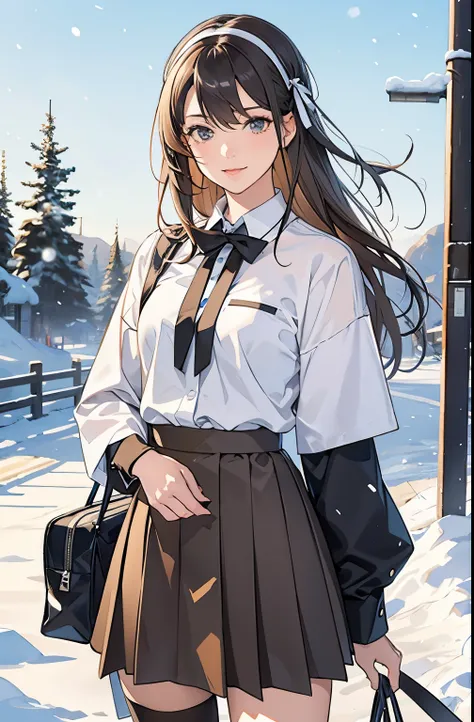 looking_at_viewer,hair_between_eyes,brown_skirt,sidelocks,snowing,ribbon,skirt,very_long_hair,