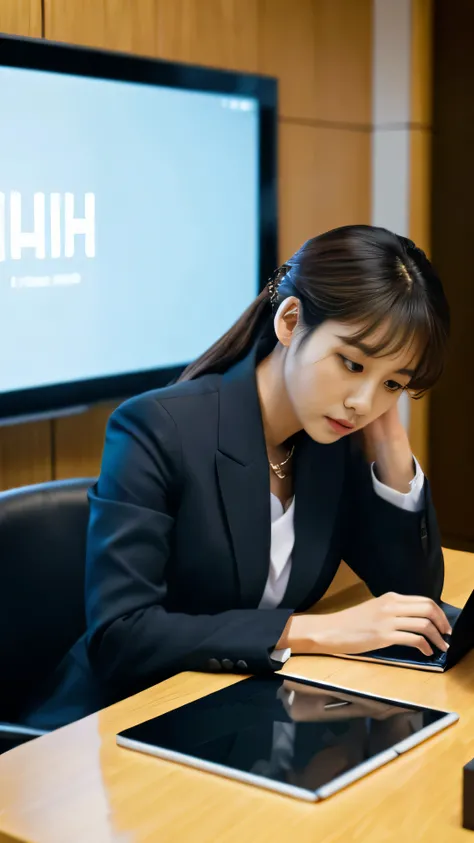 woman in a suit using a tablet computer in a room, working, sun yunjoo, still from a live action movie, park shin hye as a super villain, full device, using a magical tablet, iu lee ji-eun as a super villain, profile pose, [ realistic photo ]!!, shin min j...