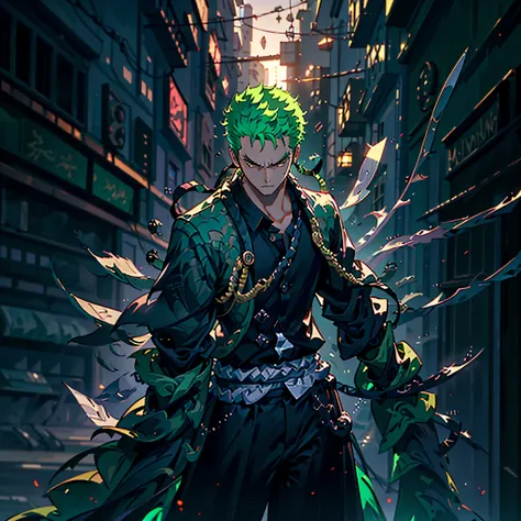 handsome 1boy, roronoa zoro, angry look, (one eye closed), scar on the eye, green hair. solo, full body, ((((masterpiece))), ((b...