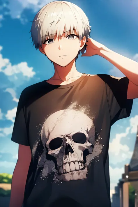 1 teenager boy, white hair, short hair, t-shirt, looking at the sky, holding his head with both hands, standing, black t-shirt w...