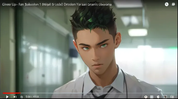 a group of 4 handsome young people of 14 years old in the school classroom are talking arguing worried talking about a dangerous plan they have green hair green eyes blue t-shirt 