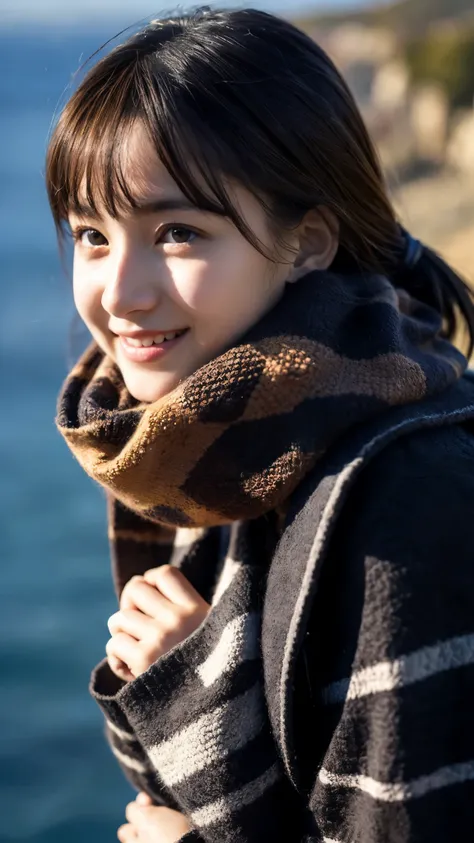 8K, highest quality, masterpiece, realistic, ultra detail, photo realistic, Improvement of quality, 
Photo of a girl holding a scarf and standing on a hill overlooking the sea, In a dark and brooding designer style,  calm face,  beauty of nature, close up ...