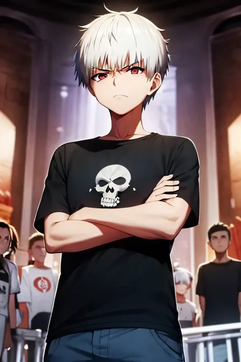 1 teenager boy, white hair, short hair, t-shirt, angry, with arms crossed in front, standing, black t-shirt with a white skull i...