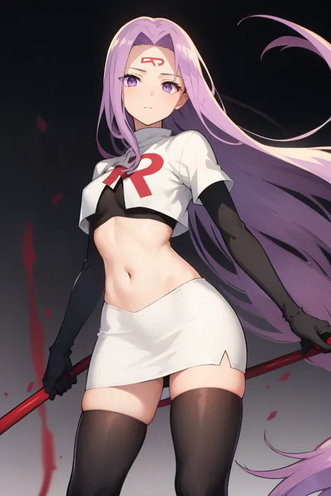 best quality, (masterpiece:1.2), highly detailed,
fate/stay background,
medusa_ubw,
1girl, solo, standing, looking at the viewer,
absurdly long hair, purple hair, floating hair, purple eyes, medium breasts,
team rocket,team rocket uniform,white skirt,red l...