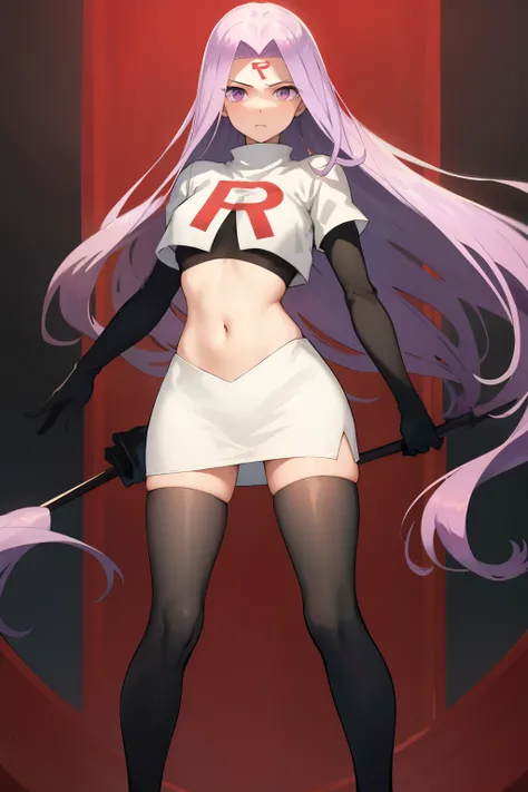 best quality, (masterpiece:1.2), highly detailed,
fate/stay background,
medusa_ubw,
1girl, solo, standing, looking at the viewer,
absurdly long hair, purple hair, floating hair, purple eyes, medium breasts,
team rocket,team rocket uniform,white skirt,red l...