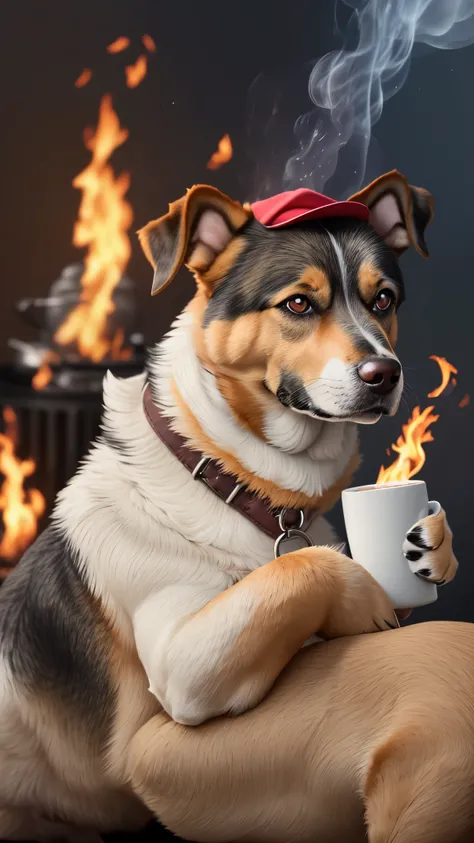 (best quality:1.23), (masterpiece:1.12), (realistic:1.24), (anthropomorphic  dog:1.5) holding a coffee cup, sitting, in a robe, eating breakfast and holding a coffee cup, hat, particles, volumetric lighting,  room burn down, ground and chair on fire, lots ...