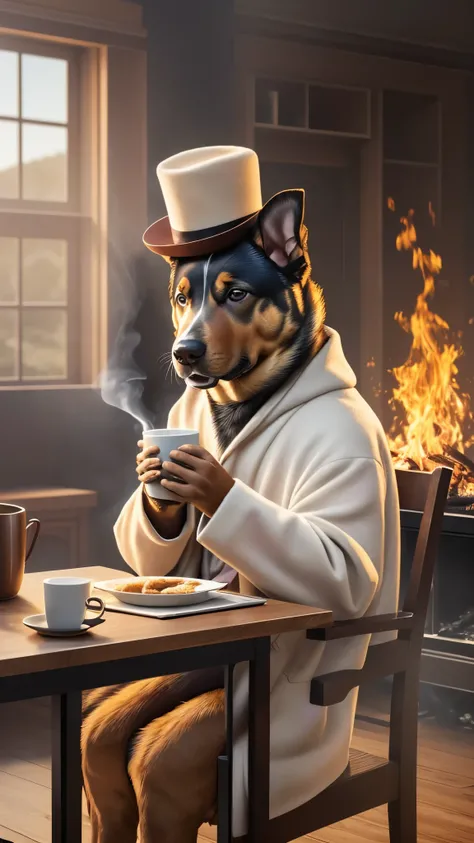 (best quality:1.23), (masterpiece:1.12), (realistic:1.24), (anthropomorphic  dog:1.5) holding a coffee cup, sitting, in a robe, eating breakfast and holding a coffee cup, hat, particles, volumetric lighting,  room burn down, ground and chair on fire, lots ...