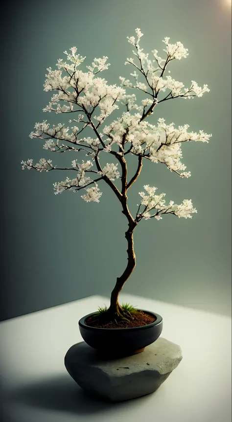 Plants, Snowflakes (Food Bar), Still Life, Winter, Peach Blossoms, Rock Garden, Bonsai Fog, Haze, Fine Details, Ultra Fine Details, Intricate Details, Film Style, Surrealist Soft Light, Studio Lighting, Diffuse Soft Light, Shallow Depth of Field, Sharp Foc...