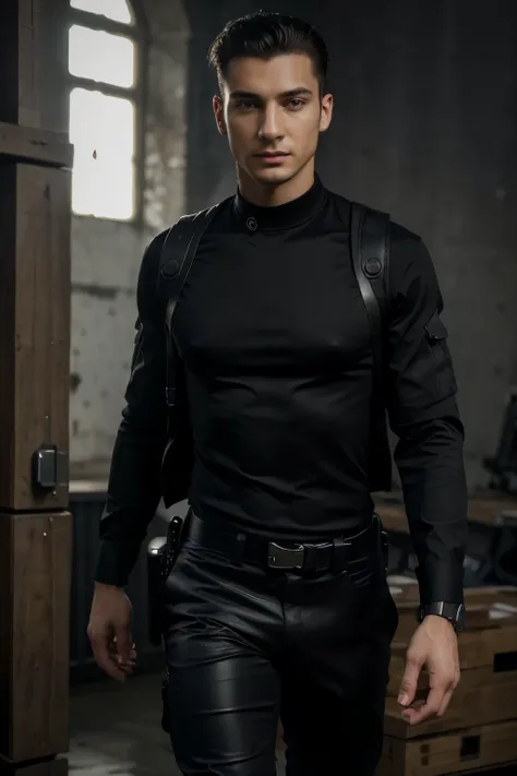 (best quality,4k,highres,masterpiece:1.2),ultra-detailed,(realistic:1.37),young man,skiny body,romanian,black shirt,black pants,matrix style,tactical shoulder holster,beretta m9a4 pistol,tactical gears